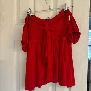 Red off shoulder top, very cute on!